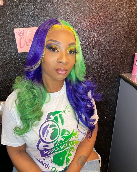 Katrina Harris on Instagram: “Mardi Gras 2020 🎭 face by @colormetrippy 😜 wig custom colored installed and styled by me @trina_bout_that_hairlife shirt by @purplehrt700_” Mardi Gras Hair Hairstyles, Mardi Gras Hair Color, Carnival Crown Headpiece For Mardi Gras, Mardi Gras Carnival Crown Headpiece, Wig Wag Tie Dye, Hair Shows, Mardi Gras, Carnival Face Paint, Custom Color