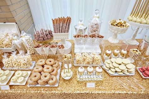 Dessert table, dessert ideas, wedding dessert, sweet wedding Glitter Dessert Table, Dessert Table Arrangement Ideas, Baptism Sweet Table, Gold Sweet Table, Sweet Table Ideas, Baby Shower Sweets Table, Gold Candy Buffet, Gold Dessert Table, Wedding Dessert Table Decor