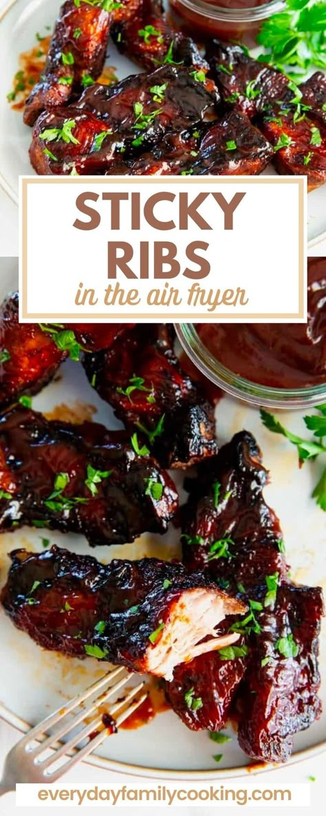 Recipes With Country Style Ribs, Airfryer Ribs Recipes, Riblets Recipe Air Fryer, Riblets In Air Fryer, Ribs Air Fryer Recipes, Pork Country Style Ribs Recipes, Country Ribs In Air Fryer, Easy Sticky Ribs Recipe, Air Fryer Country Ribs