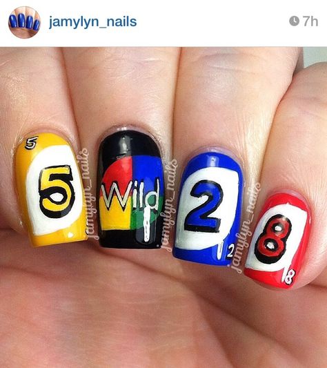 UNO nails Board Game Nail Art, Uno Nails, Nostalgia Nails, Silly Nails, Fingernail Art, Fab Nails, Uno Cards, Crazy Nail Art, Fake Nails Designs