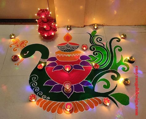 50 Creative Rangoli Design (Rangoli Ideas) - October 2019 Big Colourful Rangoli, Peacock Rangoli Designs Latest, Rangoli New Designs Creative, Mor Rangoli Design, Diwali Rangoli Designs Unique Peacock, Rangoli Designs Peacock Latest, Peacock Rangoli Designs Diwali Latest, Cartoon Rangoli Designs Diwali, Creative Rangoli Designs For Competition