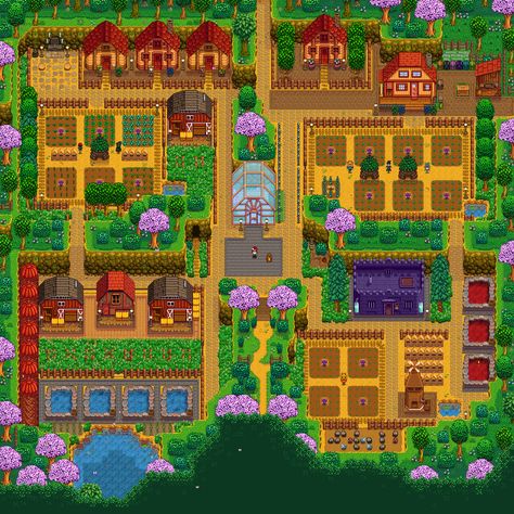 Four Corners Farm, Stardew Valley Farm, Stardew Farms, Stardew Valley Layout, Stardew Valley Tips, Stardew Valley Farms, Winter Resort, Farm Layout, Farm Tour