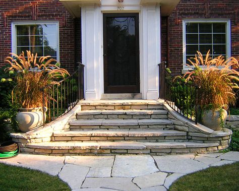 Front Steps Design, Pictures, Remodel, Decor and Ideas - page 10  Steps flare out to the sidewalk. Stained concrete? Front Porch Stone, Step Ideas, Front Porch Steps, Porch Stairs, Front Door Steps, Front Stairs, Brick Steps, Patio Steps, Stone Steps