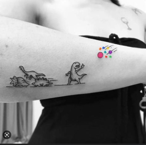 Crazy Tattoos Ideas, Cartoon Dinasour Tattoo, Family Dinosaur Tattoo, Dino Tattoo Cute, Cute Dinosaur Tattoo, Dinosaur Tattoo Ideas, Small Dinosaur Tattoo, Tattoo Dinosaur, Dino Tattoo