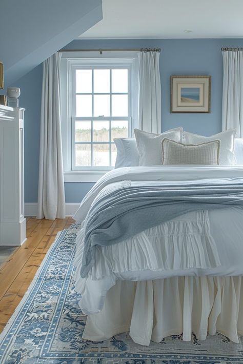 Periwinkle Bedroom, Uncluttered Bedroom, Pale Blue Bedrooms, Baby Blue Bedrooms, Bedroom Feature Wall, Blue And Cream Bedroom, Light Blue Bedroom, Blue Bedroom Ideas, Blue Bedroom Walls