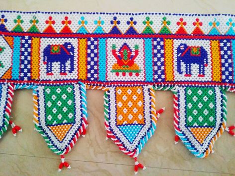 Hathi Goti Dal Moti Toran, Hathi Goti Toran, Hathi Goti Hand Work Toran, Hathi Goti Design Hand Work, 6thi Decoration, Moti Toran Design, Rumal Design, Toran Design, Bead Loom Kits