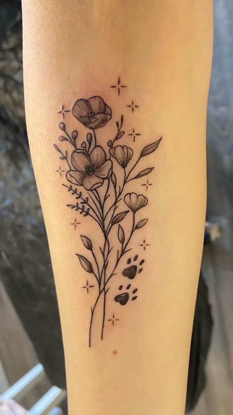 Tattoo Flowers Paws Dog Flower Tattoo With Paw Print, Labrador Flower Tattoo, Arm Tattoos For Women With Meaning, Flower Tattoos With Paw Prints, Flower Bouquet With Dog Paw Tattoo, In Memory Flower Tattoo, Dog Print Flower Tattoo, Dog Paw And Flower Tattoo, Dog Theme Tattoo