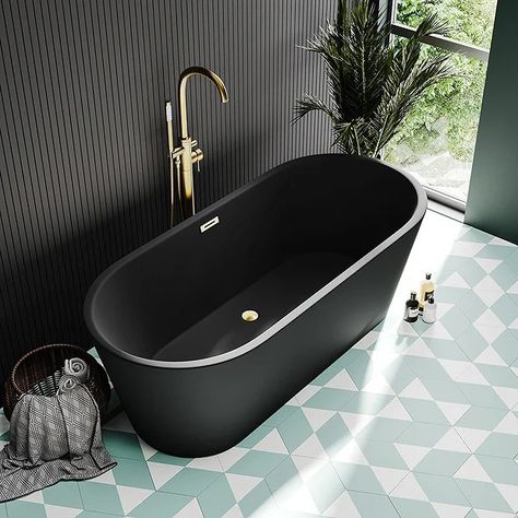 Modern Pedestal Sink, Aqua Wall, 2024 Bathroom, Small Bathroom Design Ideas, Black Bathtub, Bathroom Wall Tiles, Aqua Walls, Charcoal Walls, Black And Gold Bathroom