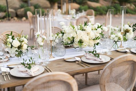 Neutral Wedding Reception Table Design Wood Head Table Wedding, Circular Table Centerpiece, Wood Table Wedding Reception, White Gold Greenery Wedding, Flower Shoot, Reception Table Design, White Centerpieces, Hummingbird Nest Ranch, Hummingbird Nest