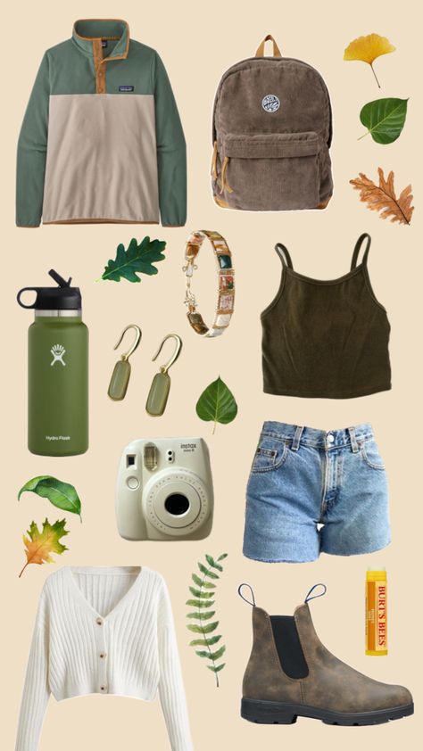 Granola girl aesthetic outfit inspiration, green and tan Patagonia synchilla, brown back pack, leafs, green tank top, jean shorts, blundstone boots, white cardigan, gold camera, green hydro flask, jem jewelry, Burt’s bees chapstick, spring outfits, aesthetic outfit Granola Fashion Outfits, Granola Girl Summer Outfits, Granola Girl Aesthetic Outfits, Granola Girl Style, Granola Girl Outfits, Granola Outfits, Outfits Fall Aesthetic, Cute Hiking Outfit, Affordable Outfits