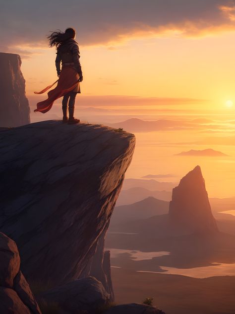 A person stands confidently on a cliff's edge, enjoying a victorious and breathtaking view. Standing At The Edge Of A Cliff, Looking Over A Cliff, Cliff Illustration Drawing, Standing On A Cliff Drawing, Falling Off A Cliff Drawing, Person On Top Of Mountain, Falling Off A Cliff Aesthetic, Cliff Concept Art, Cliff Drawing Reference