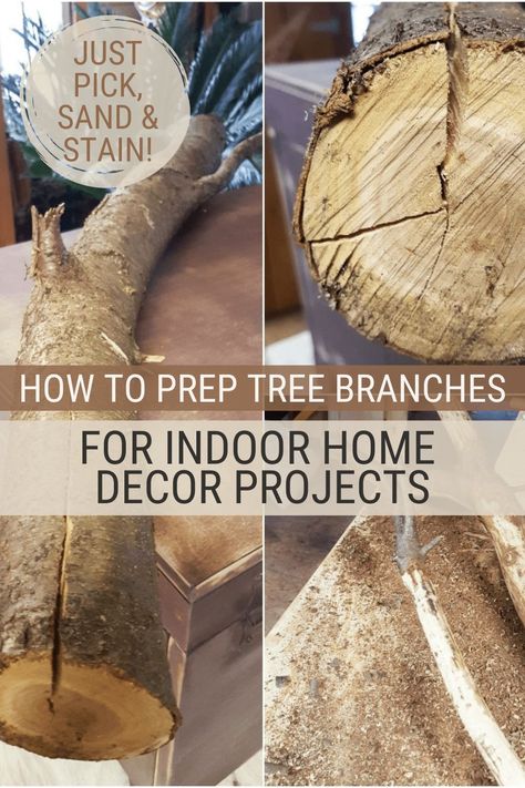 Learn how to treat tree branches for indoor use, specifically how to clean, treat, and finish the branches for decoration and crafts. How To Dry Out Tree Branches, How To Treat Wood For Indoor Use, Diy Rustic Wood Decor, Diy Cabin Wall Decor, How To Clean Driftwood Diy, Log Crafts Projects, Log Crafts Diy, Twig Art Diy Tree Branches, Branches For Decor