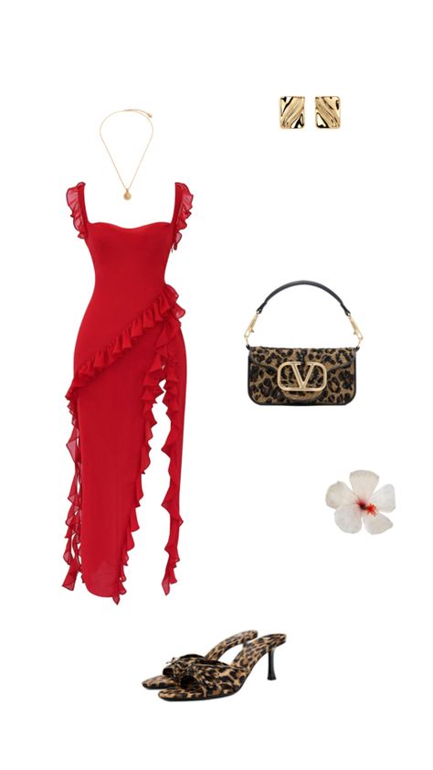 red dress with leopard heels and leopard bag, gold accessories Leopard Bag, Leopard Heels, Night Out Outfit, Gold Accessories, Red Dress, Night Out, Heels, Red, Gold