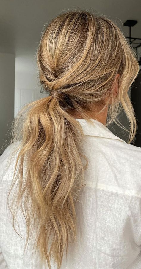 Bridesmaid Messy Ponytail, Low Ponytail Messy, Low Textured Ponytail, Textured Bridal Ponytail, Messy High Ponytail Hairstyles, Loose Ponytail Hairstyles Wedding, Event Ponytail, Textured Ponytail Wedding, High Ponytail Hairstyles Wedding