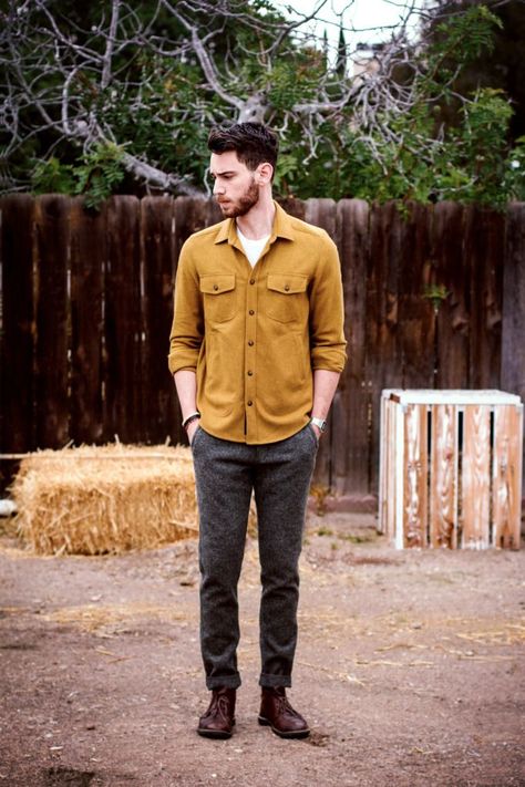 men's yellow dress shirt outfit idea Shirtdress Outfit, Yellow Shirt Men, Yellow Shirt Outfit, Mustard Outfits, Mens Jackets Fall, Mustard Shirt, Yellow Shirt Dress, Black Motorcycle Jacket, Charcoal Dress