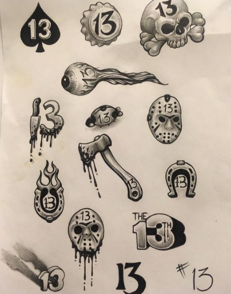 Spooky 13 Tattoos, 13 Tattoos Designs, Horror Movie Flash Sheet, Friday 13th Tattoo Flash Sheet, Friday The Thirteenth Tattoo Flash, Friday The 13 Flash Tattoo, October 13 Tattoo, Small Friday The 13th Tattoo Ideas, Red Rum Tattoo