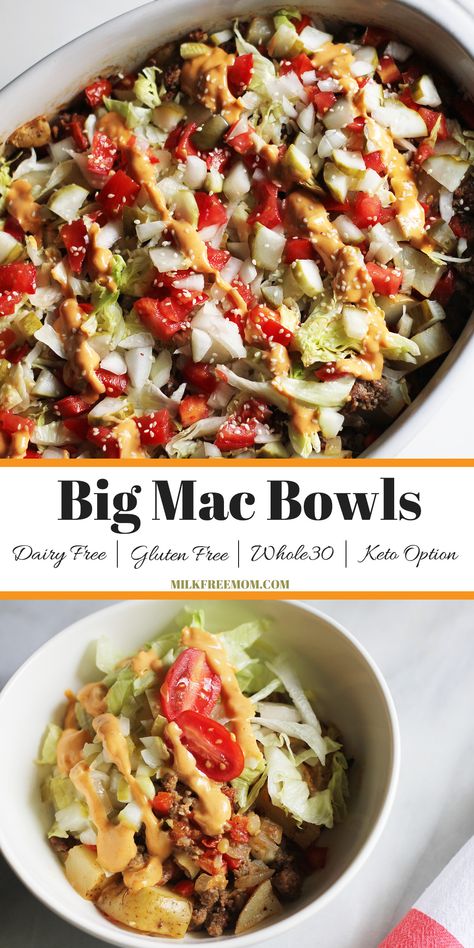 Dairy Free Big Mac Bowls Dairy Free Protein Bowls, Dairy Free Bowls, Gluten Free Dairy Free Hamburger Recipes, Healthy Big Mac In A Bowl, Dairy Free Soy Free Recipes Dinner, Dairy Free Hamburger Recipes, Big Mac Bowls, Hamburger Bowls, Gluten Free Hamburger Recipes