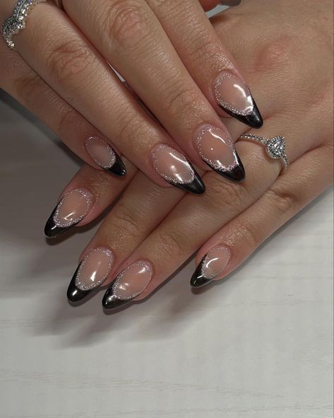 Black French tip nails with a touch of reflective glitter #frenchtipnails #reflectiveglitter #nailinspiration #newyearsnails Mail Ideas For Black Dress, Nails With Black Sequin Dress, Prom Nails Black Almond, Nails To Go With Black Dress Prom, Black French Tip Nails With Silver, Black Formal Nails Classy, Acrylic Nails That Go With Black Dress, Prom Nails For Black Dress Simple, Prom Nails For Black Sparkly Dress