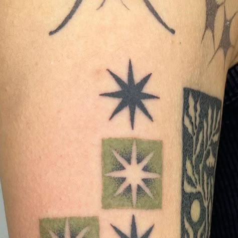 ✶ nicole ✶ on Instagram: "Green star tiles from my new flash ⭐️ bookin October 🩻 u can find the link in my bio" Dark Green Tattoo Ink, Green Star Tattoo, 5 Stars Tattoo Designs, Mismatching Tattoos, Cool Design Tattoos, Cool Arm Band Tattoos, Wonky Star Tattoo, Star Swirl Tattoo, Large Stick And Poke Tattoo