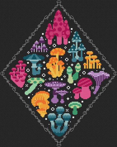 Fantastic Fungi, Art Perle, 8bit Art, 카드 디자인, Pixel Pattern, Pixel Art Pattern, Crochet Tapestry, Tapestry Crochet, Stitching Art