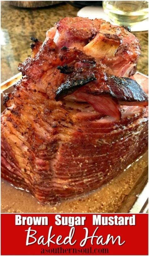 Brown Sugar Mustard Ham is always a hit at the supper! This easy to make recipe is great for Easter, Thanksgiving or Christmas yet easy enough to make any night of the week. Spiral Baked Ham, Baked Ham Recipes, Baked Ham Glaze, Bake Ham, Ham In The Oven, Ham Dishes, Ham Recipes Baked, A Southern Soul, Ham Dinner