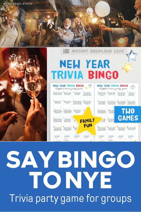 Ultimate Party Game for New Year's Eve: New Year Trivia Bingo – Print GoGo Gift Exchange Games, Trivia Quizzes, New Years Traditions, Christmas Games For Family, Family Get Together, Ice Breaker Games, Trivia Questions, Download Games, Bingo Cards