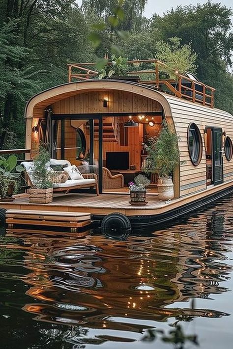 Boat Homes, Small Houseboats, Boathouse Design, Luxury Houseboats, Boat House Interior, Tiny Boat, Houseboat Living, House Boats, Floating House