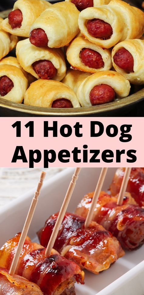 Enjoy one of these delicious hot dog appetizers. There are a variety of recipes on the list so you are sure to find something you will enjoy. Hot Dog Party Food, Mini Hot Dog Recipes, Hot Dog Appetizers, Horderves Appetizers, Bacon Hot Dogs, Hot Dog Party, Bacon Wrapped Hotdogs, Wrapped Hot Dogs, Mini Hot Dogs