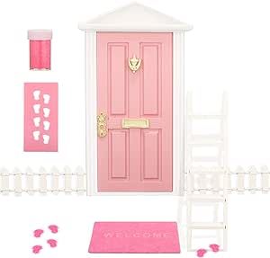 Tooth Fairy Door Kit Mini Wooden Tooth Fairy Door with Accessories Fairy Tale Education Learning Toy for Girls Dollhouse Fairy Garden Decoration DIY Craft Activities (Pink) Opening Fairy Doors, Tooth Fairy Door, Dollhouse Door, Tooth Fairy Doors, Girls Dollhouse, White Fence, Wood Ladder, Fairy Garden Decor, Fairy Door