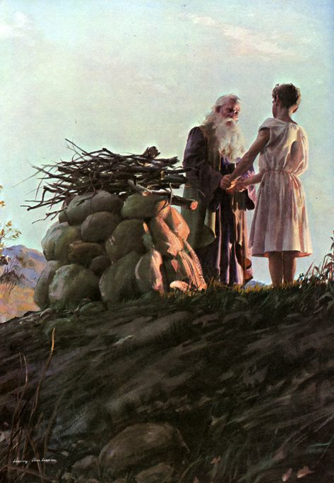 Genesis 22:7 - "And Isaac spake unto Abraham his father, and said, My father: and he said, Here am I, my son. And he said, Behold the fire and the wood: but where is the lamb for a burnt offering?" Abraham And Isaac, Biblical Scenes, Harry Anderson, Story Of Abraham, Biblical Times, Parables Of Jesus, Abraham And Sarah, Lds Art, Bible Illustrations