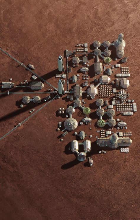 Images of SpaceX's Mars Base Alpha buildup in 4K UHD quality from Elon Musk's 2nd annual presentation of the Starship architecture in September 2017. Mars Architecture, Mars Settlement, Mars Habitat, Colonization Of Mars, Shadow Architecture, Mars Colony, Mars Mission, Moon Base, Space Colony