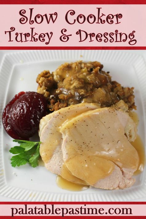 Slow Cooker Turkey and Dressing creates crockpot cooked boneless breast along with a savory dressing or stuffing and one pot ease. via @suelau1 Turkey Tenderloin And Stuffing Crockpot, Turkey Breast And Stuffing Crockpot, Slow Cooker Amish Maple Turkey Breast, Crockpot Turkey Breast And Stuffing, Crockpot Turkey And Stuffing, Giblet Gravy Easy, Crockpot Turkey Breast, Turkey And Dressing, Turkey Breast Crockpot