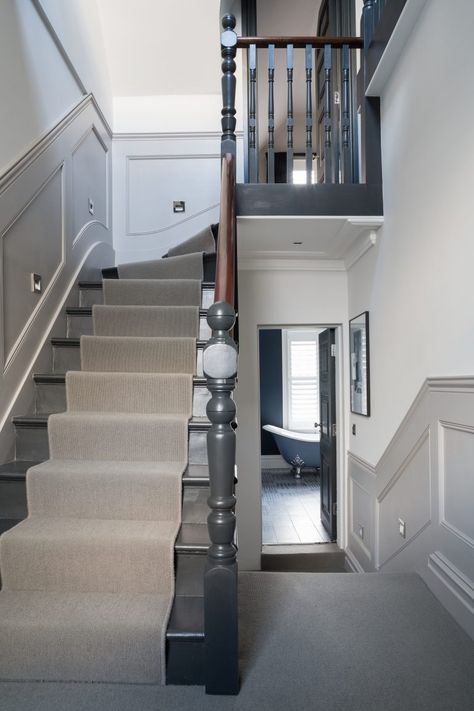 brixton-new-sw2-london-houses-067 Staircase Colour Ideas, Victorian Semi Detached House, Entrance Hall Decor, Hall Stairs, Victorian House Interiors, Victorian Hallway, Hallway Stairs, Hallway Colours, Tiled Hallway