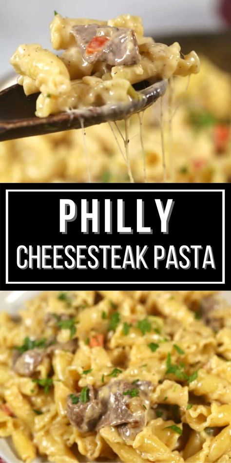 Philly Cheese Steak Pasta is the best combination of two of my favorite meals. A delicious creamy cheesy pasta dish and a decadent philly cheese steak. Cheese Steak Pasta Bake, Cheesy Philly Cheese Steak, Healthy Philly Cheese Steak Pasta, Philly Cheese Steak Spaghetti, Cheesy Cheesesteak Pasta, Philly Cheesestake Pasta, Cheesy Steak Pasta, Steak Pasta Recipes Alfredo, Philly Cheese Steak Alfredo Pasta