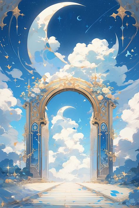 Heaven Concept Art, Realm Aesthetic, Cloud Palace, Heaven Illustration, Anime Castle, Fantasy Clouds, Sky Edit, Couple Background, Castles In The Sky