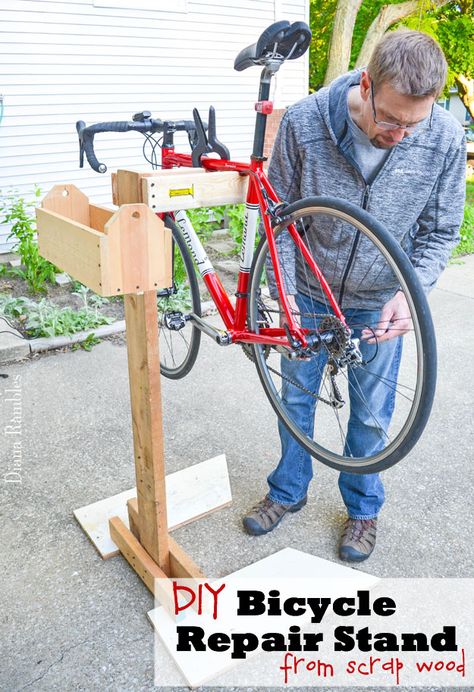 Make Your Own Bicycle Repair Stand Bike Tutorial - Learn how to make a bicycle repair stand out of wood scraps. This frugal project goes together quickly and will help you to make adjustments to your bike. Diy Bike Repair Stand, Bike Stand Diy, Bicycle Repair Stand, Bike Work Stand, Diy Bicycle, Bike Repair Stand, Bicycle Diy, Bicycle Stand, Biking Diy