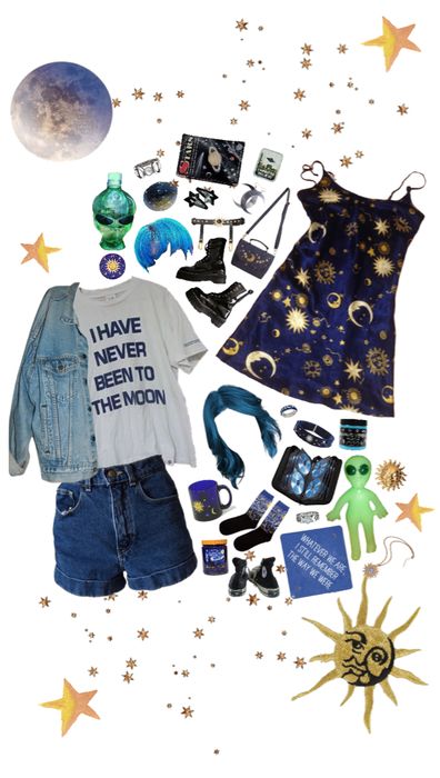 Outer Space Inspired Outfits, Astronomy Outfit Aesthetic, Cosmic Outfit Fashion, Cosmic Aesthetic Outfits, Moon Core Aesthetic Outfits, Sun Clothes Aesthetic, Space Themed Outfit Ideas, Moon And Star Outfit, Space Core Aesthetic Outfit