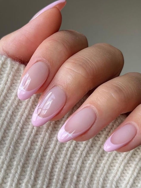 pink French tip nails: baby pink tips with a sparkle Pink Tipped Nails French, Almond Nails With Pink French Tip, Simple Nails Pink French Tip, Pink Tips Nails Almond Shape, Soft Pink French Manicure, Pink Style Nails, Natural Acrylic Nails Almond French, Pastel Pink Nails Design Classy, Fresh Pink Nails