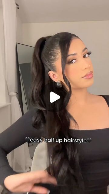 Alisha Kaur on Instagram: "Half up hair🖤🖤 #hairstyle #hairtutorial #hairinspo #hairideas #tutorial #hairstyles #sleekhair #curledhair #explore #reels" Cute Brunch Hairstyles, High Half Up Half Down Hairstyles, Hairstyle Ideas Half Up Half Down, Sleek Half Up Half Down, Straight Hairstyles Half Up Half Down, Pretty Half Up Half Down Hairstyles, Half Up Slick Back Hair, Masquerade Ball Hairstyles, Middle Part Half Up Half Down