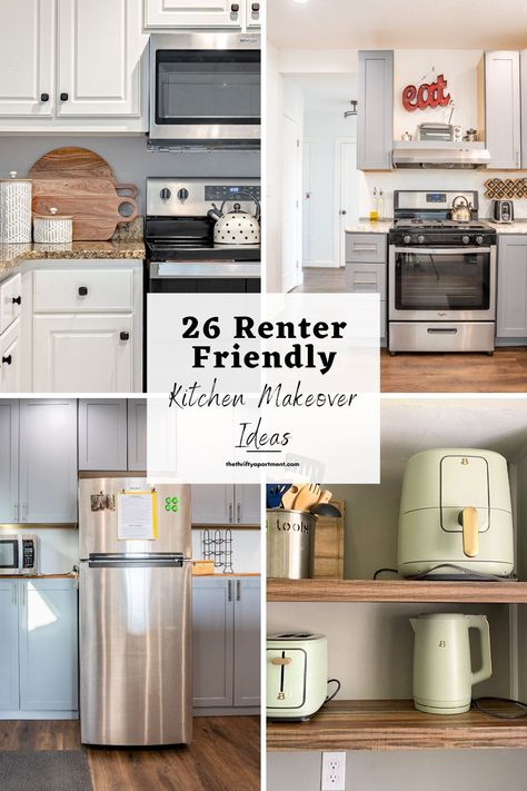 Spice up your kitchen with style and functionality with these quick and easy DIY renter-friendly kitchen makeover ideas that are completely reversible. #kitchenmakeover #renterfriendlykitchenupdates #kitchenapartment Kitchen Appliance Makeover, Renters Kitchen Ideas, Ugly Kitchen Decorating Ideas, Kitchen Decor Renter Friendly, Easy Diy Kitchen Ideas, Renter Friendly Kitchen Island, Small Kitchen Ideas Renter Friendly, Renter Friendly Countertops, Renter Friendly Cottagecore