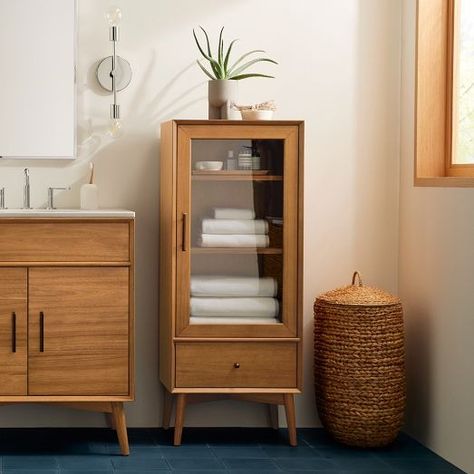 Mid-Century Collection | West Elm Mcm Bathroom, Mid Century Modern Bathroom, Mid Century Bathroom, Linen Cabinets, Bathroom Floor Cabinets, Glass Panel Door, Mid Century Modern Interiors, Cabinet Shelving, Key Details