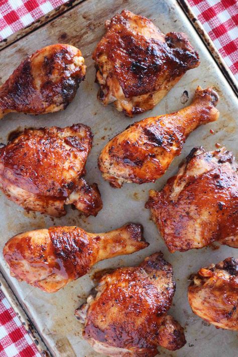 Baked BBQ Chicken Legs and Thighs - The Anthony Kitchen Baked Chicken Legs And Thighs, Baked Bbq Chicken Legs, Chicken Legs And Thighs, Bbq Baked Chicken, Baked Bbq Chicken Recipes, Bbq Sauce Homemade Easy, Baking Chicken, Bbq Chicken Legs, Homemade Bbq Sauce Recipe