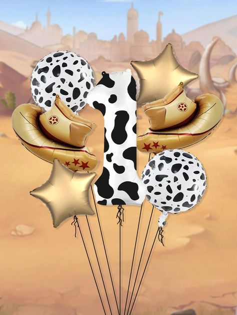 7pcs Large 0-9 Number Balloon Set, 40-Inch Cow Pattern Number Balloons + Cowboy Hat Aluminum Foil Balloons Suitable For Birthday Party DecorationI discovered amazing products on SHEIN.com, come check them out! Cowboy Party Favors, Party Wall Decorations, Balloon Chain, Farm Birthday Party, Cowboy Party, Farm Birthday, Birthday Party Decoration, Number Balloons, Confetti Balloons