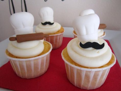 Cute Chef Cupcakes, Pizzeria Party, Mustache Cupcakes, Pizzeria Design, Cooking Theme, Chef Cake, Chef Party, Mustache Party, Creative Cupcakes