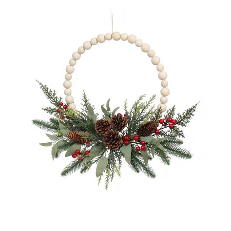 Wooden Bead Wreath, Embroidery Hoop Decor, Bead Wreath, Wooden Wreath, Decorated Wreaths, Group Crafts, Christmas Flower Arrangements, Holiday Crafts Diy, Wooden Wreaths