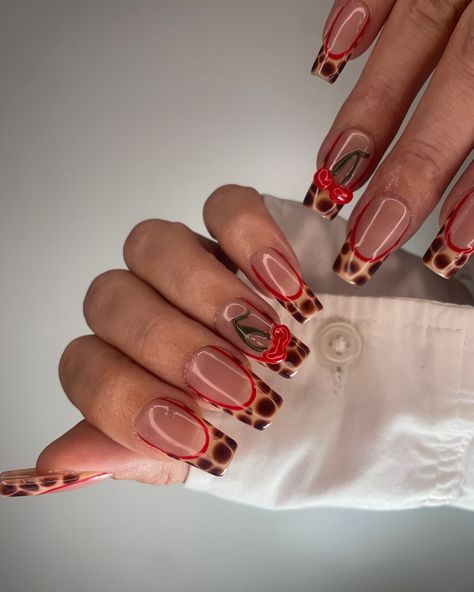 Cherry on Top 😚🍒 • • • • #nails #pressons #pressonnailbusiness #nailart #naildesign #nailartist #nailsnailsnails #businessowner #follow #like #fallnails #falldesignnails #autumn #autumnnails #designnails #nailtech #frenchtipnails #cheetahprint #cheetahprintnails #brownnails #rednails #cherrynails #fruitnails #3Dcherrynails #3Dnails #turtoiseshellnails Brown And Red Nails, Cheetah Print Nails, Top Nails, Cherry Nails, Brown Nails, Cherry On Top, French Tip Nails, Fall Design, 3d Nails