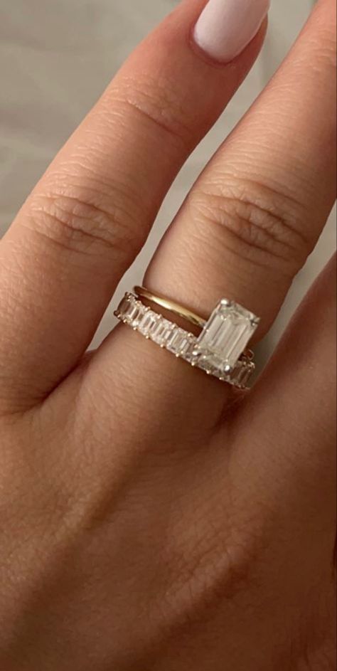 emerald cut ring
baguette wedding band
emerald engagement ring
engagement ring inspiration 
classic wedding band
timeless engagement ring Emerald Engagement Ring Baguette Band, Wedding Band With Emerald Cut Engagement, Emerald Cut Engagement Ring With Baguette Band, Engagement Ring Inspo Gold, Rectangle Wedding Band, Baguette Ring Stack, Baguette Wedding Band With Emerald Ring, Emerald Cut Solitaire Engagement Ring With Wedding Band, Vintage Ring Settings