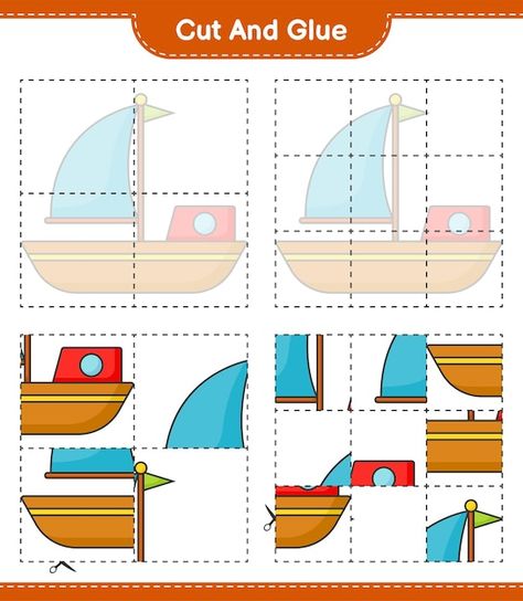 Cut and glue cut parts of boat and glue ... | Premium Vector #Freepik #vector #cut-glue #kids-puzzle #worksheet #kids-game Boat Worksheets Preschool, Transport Activity For Kids, Preschool Travel, Visual Perceptual Activities, Water Transport, Puzzle Worksheet, Cognitive Activities, English Activities For Kids, Physical Activities For Kids