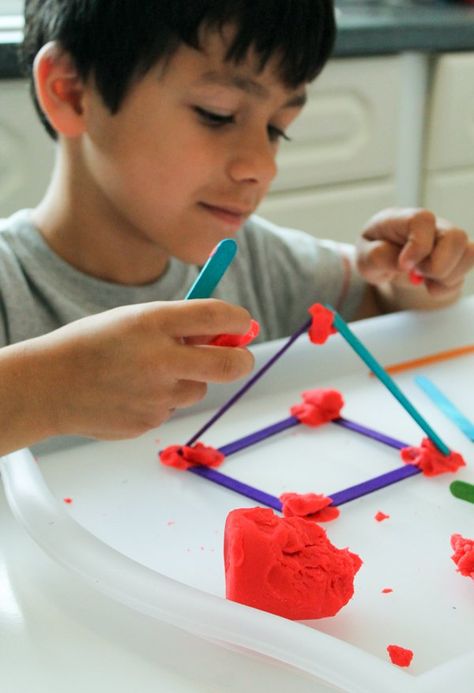 Building 2D & 3D Shapes with Craft Sticks - In The Playroom Building Structures Preschool, Building Study Activities Preschool, Building Preschool Theme, Preschool Building Crafts, Shape Projects For Preschoolers, Building Theme Preschool Activities, Building Activities For Toddlers, Building Crafts For Preschool, Steam Activities For Toddlers