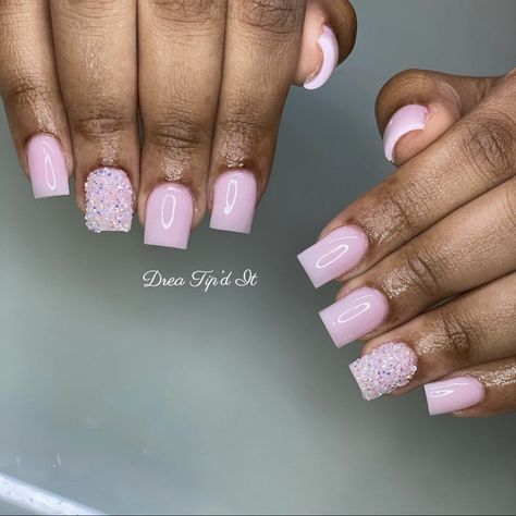 Pink Nails One Glitter Nail, Jazz Nails, Raw Nails, Drippy Nails, Short Pink Nails, Cute Short Nails, Light Pink Nails, Acrylic Nail Set, Short Square Nails